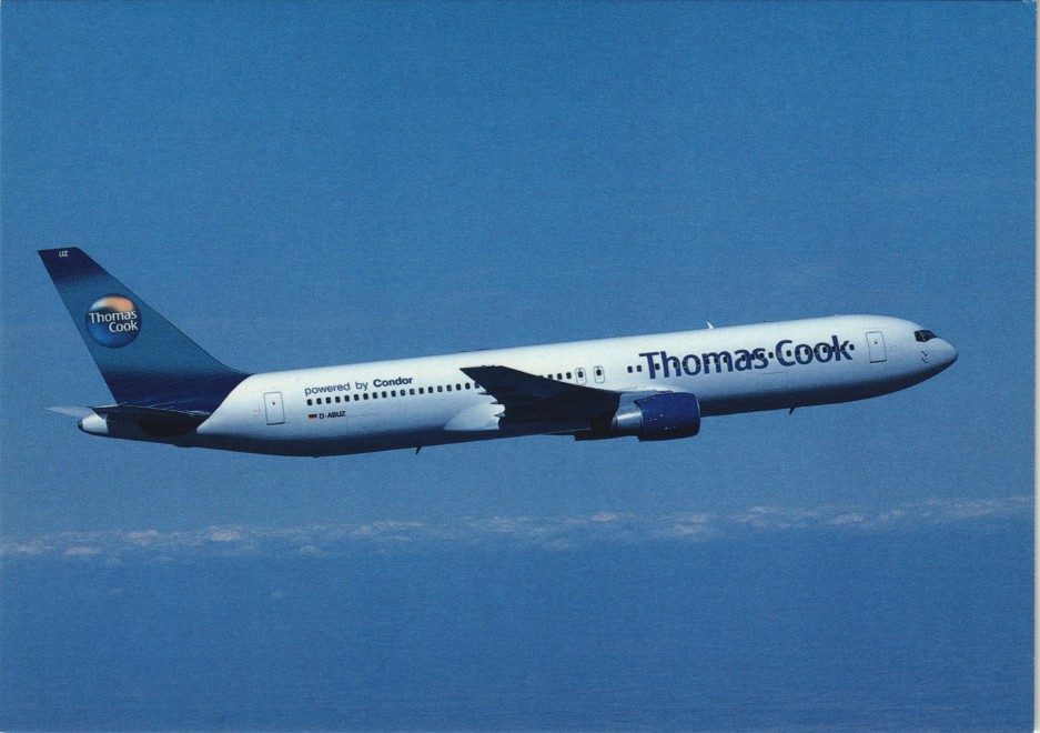 vergrößern: Bildseite historische Ansichtskarte von 2000: Condor Boeing 767 Reiseflieger der Thomas Cook::