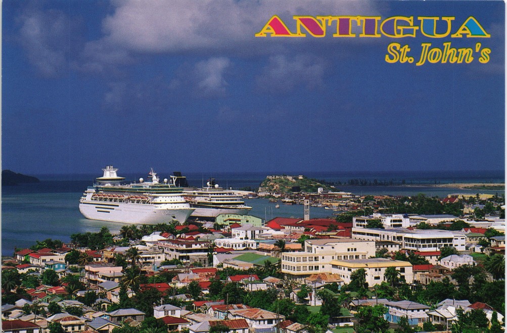 vergrößern: Bildseite historische Ansichtskarte von 2000: Hafen Kreuzfahrtschiff, West Indies Karibik Antigua:: St. John`s