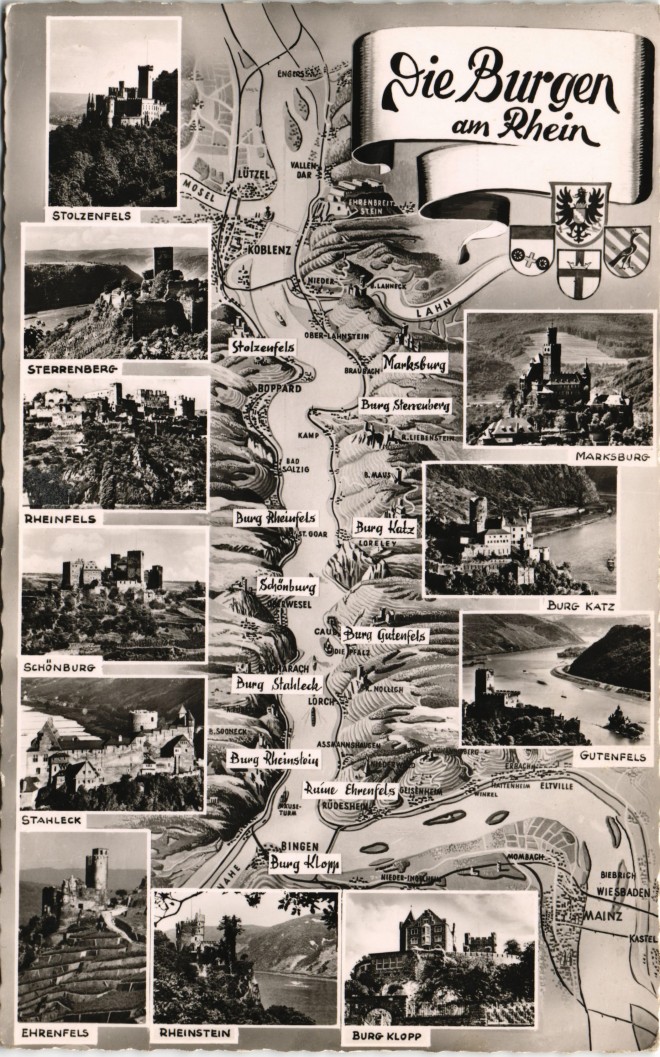 vergrößern: Bildseite historische Ansichtskarte von 1960: Mehrbild-AK Burgen am Rhein ua. Stolzenfels, Marksburg, Schönburg uvm.::