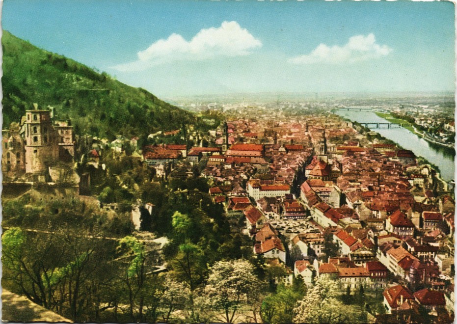 vergrößern: Bildseite historische Ansichtskarte von 1975: Panorama - Blick von der Scheffelterrasse:: Heidelberg