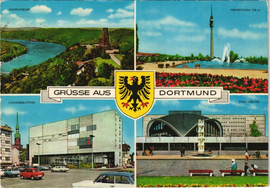 vergrößern: Bildseite historische Ansichtskarte von 1978: Mehrbild-AK mit Fernsehturm, Hohensyburg, Theater, Bibliothek:: Dortmund