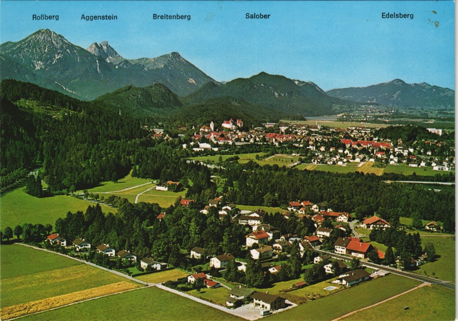 zoom: Image side vintage Postcard from 1980: Schwangau-Horn im Ostallgäu Panorama-Ansicht:: Schwangau