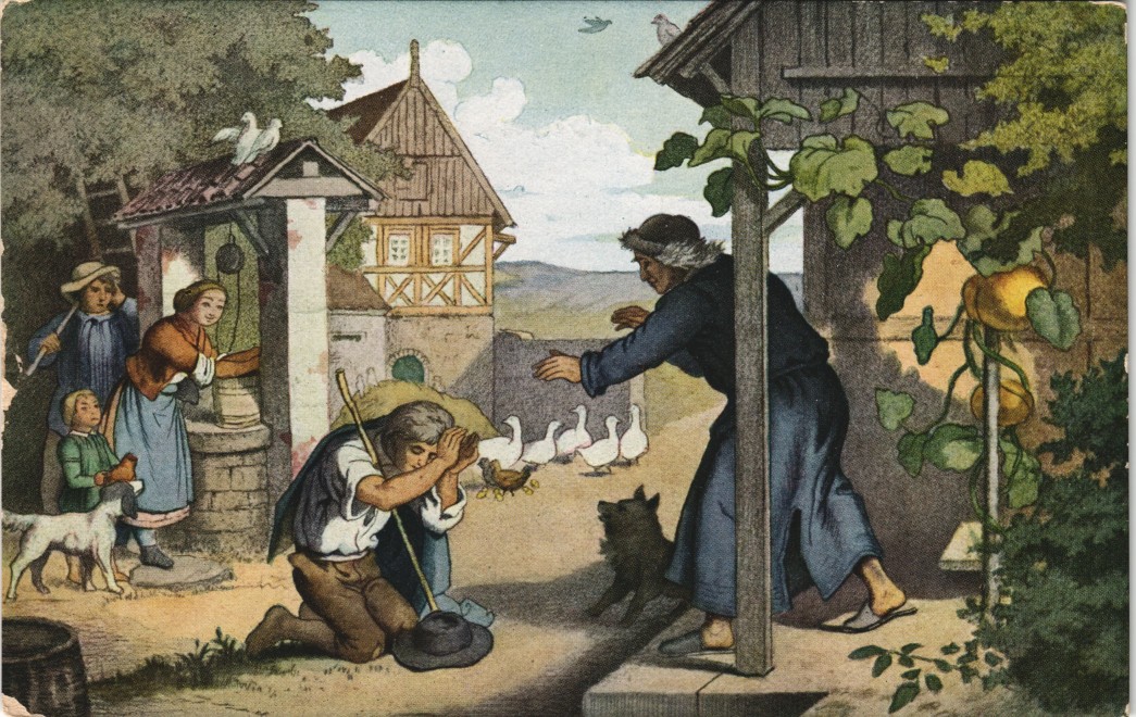 vergrößern: Bildseite historische Ansichtskarte von 1912: Ludwig Richter: Und vergib uns unsere Schuld Künstlerkarte: Gemälde / Kunstwerke::