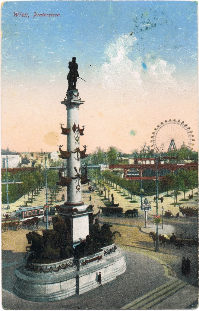 zoom: Image side vintage Postcard from 1913: Praterstern, Straßenbahn - Riesenrad:: Vienna