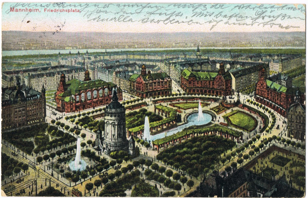 zoom: Image side vintage Postcard from 1912: Stadt und Friedrichsplatz - Künstlerkarte:: Mannheim
