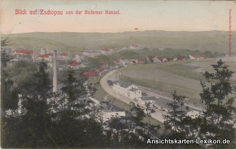 vergrößern: Bildseite historische Ansichtskarte von 1913: Blick von der Bodemer Kanzel auf den Bahnhof - Handkolorierte Künstlerkarte:: Zschopau