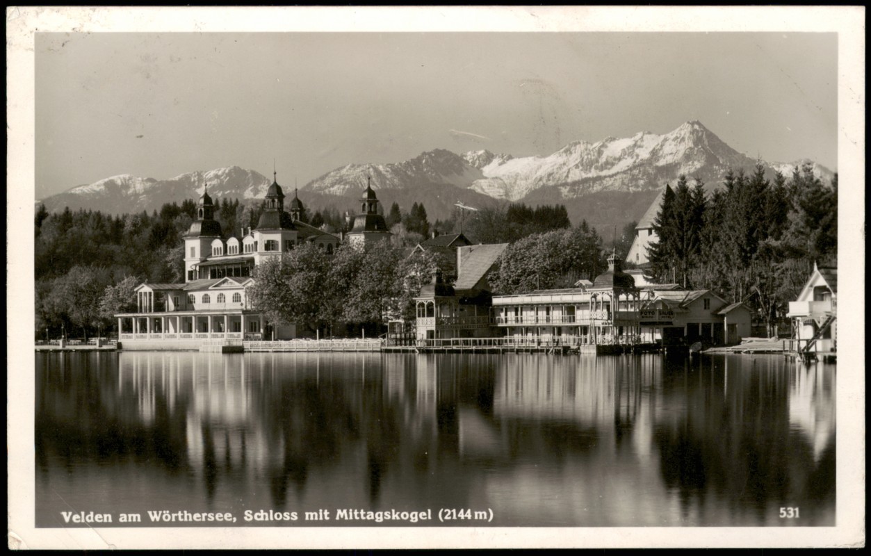 vergrößern: Bildseite historische Ansichtskarte von 1938: Schloß, Restaurant:: Velden am Wörther See