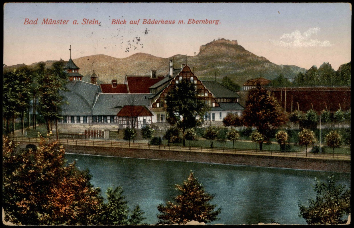 zoom: Image side vintage Postcard from 1913: Blick auf Bäderhaus m. Ebernburg.:: Bad Münster am Stein-Ebernburg