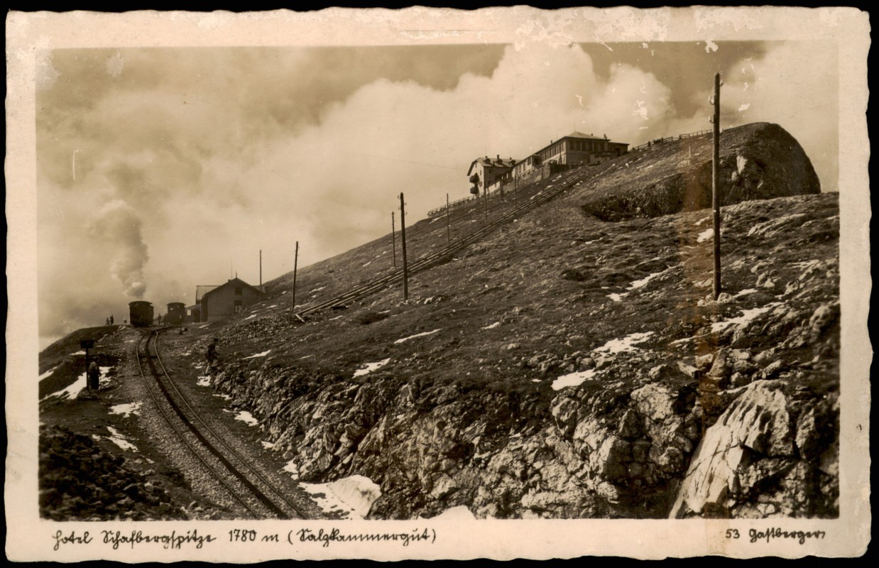 vergrößern: Bildseite historische Ansichtskarte von 1934: Hotel Schafbergspitze  Salzkammergut Bahn:: Schafberg