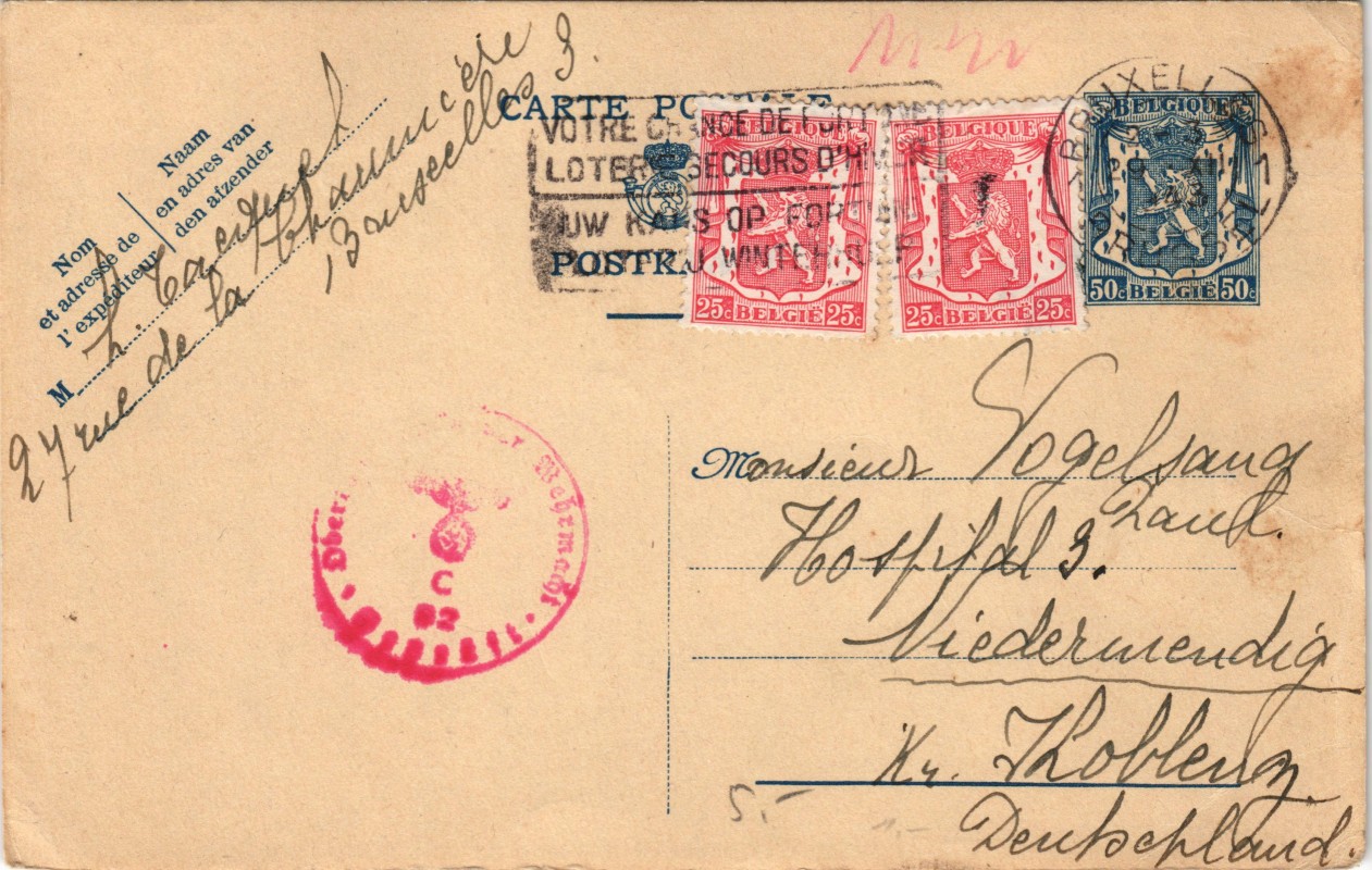 vergrößern: Bildseite historische Ansichtskarte von 1943: Bruxelles -> Niederwendig Stempel Marken::