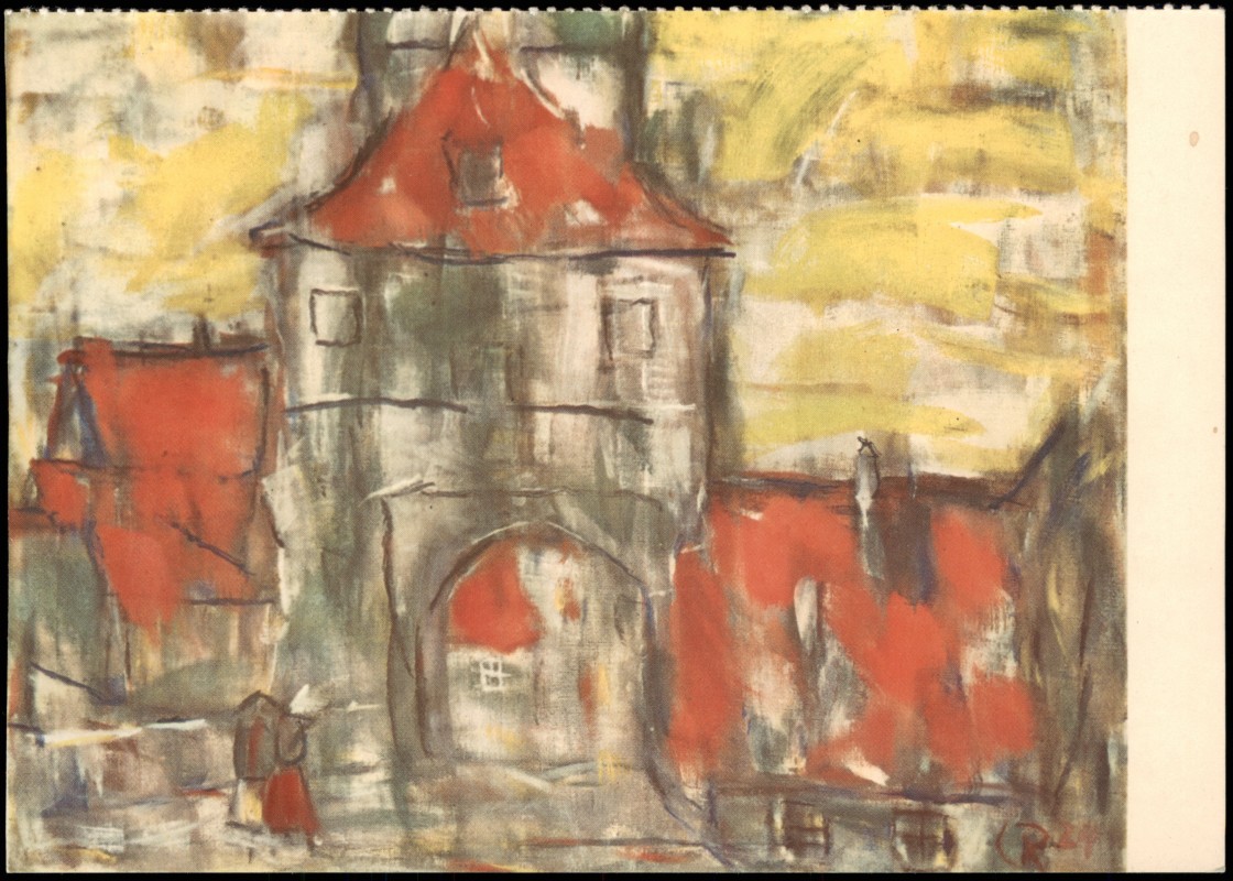 vergrößern: Bildseite historische Ansichtskarte von 1960: Künstlerkarte CHRISTIAN ROHLFS Porte de ville à Dinkelsbühl::