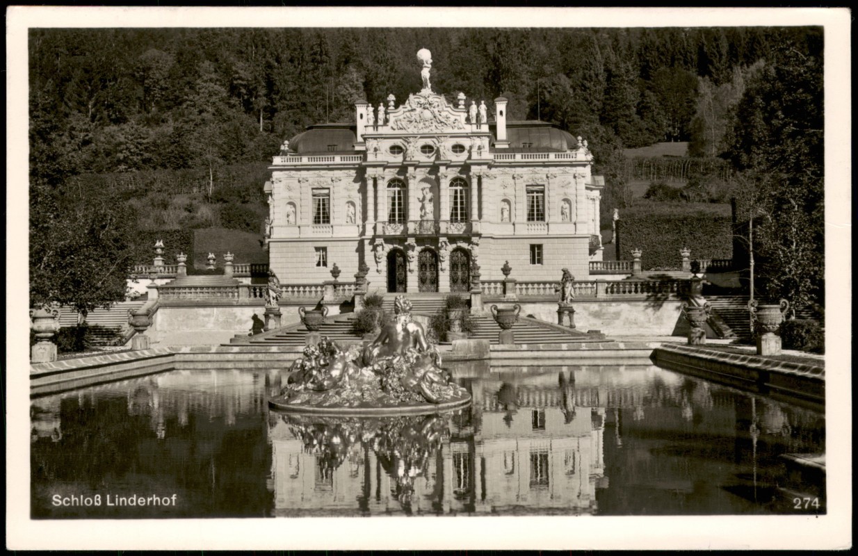 vergrößern: Bildseite historische Ansichtskarte von 1954: Schloss Linderhof - Fotokarte:: Linderhof-Ettal