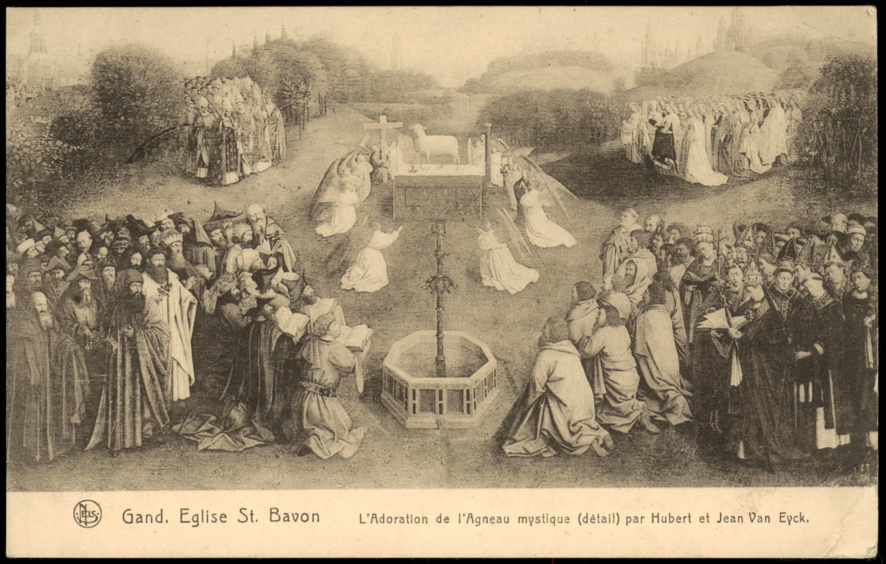 vergrößern: Bildseite historische Ansichtskarte von 1917: Eglise St. Bavon - Wandgemälde:: Gent