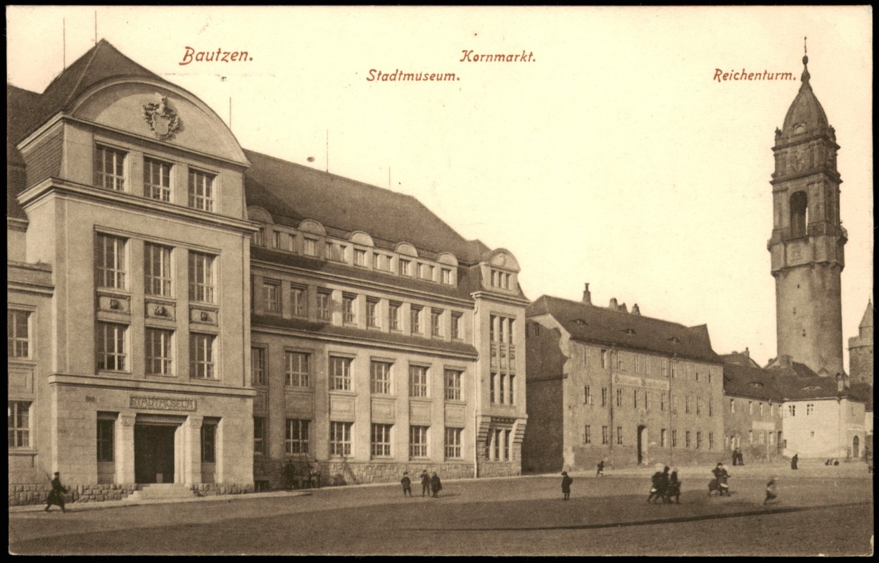 vergrößern: Bildseite historische Ansichtskarte von 1915: Stadtmuseum Reichenturm Kornmarkt:: Bautzen