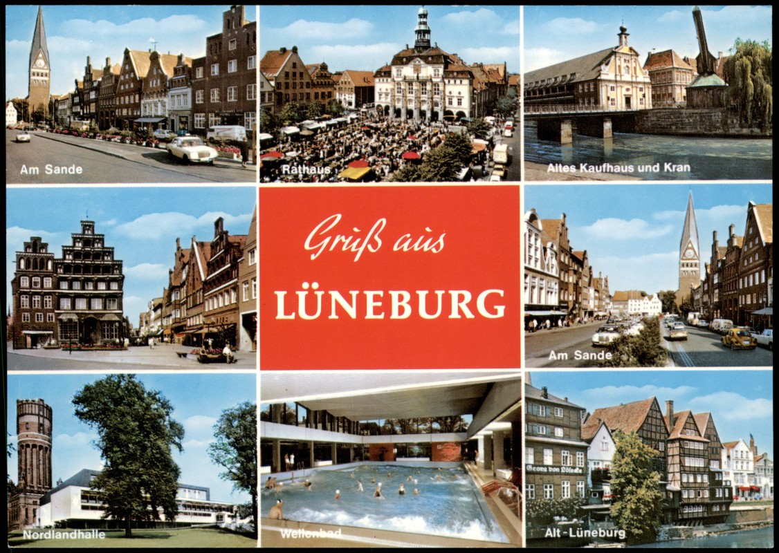 zoom: Image side vintage Postcard from 1980: Mehrbild-AK mit Nordlandhalle, Wellenbad, Am Sande, Altes Kaufhaus:: Lüneburg
