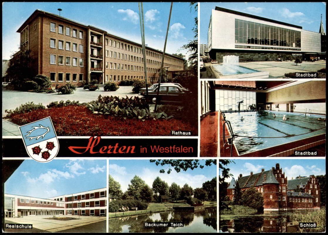vergrößern: Bildseite historische Ansichtskarte von 1972: Mehrbild-AK mit Realschule, Stadtbad, Teich, Schloß, Rathaus:: Herten (Westfalen)