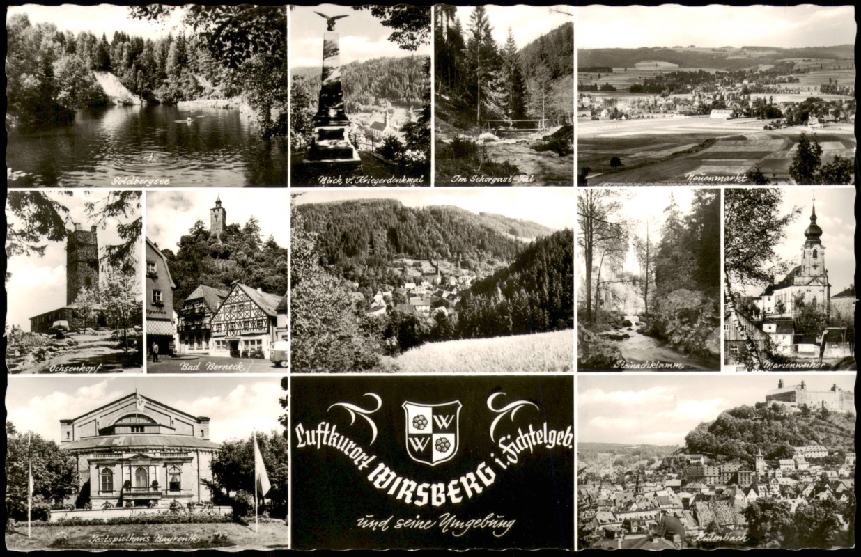 zoom: Image side vintage Postcard from 1958: Stadtteilansichten: Denkmal, Ansichten:: Wirsberg (Oberfranken)