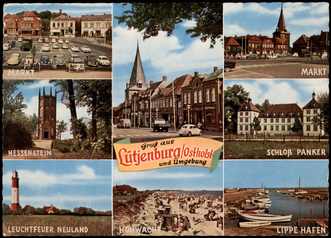 zoom: Image side vintage Postcard from 1963: Mehrbild-AK mit Auto-Parkplatz Markt, Hessenstein, Leuchtfeuer Neuland uvm.:: Lüttenborg