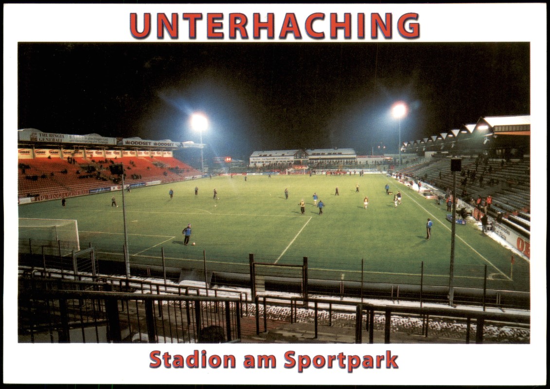 zoom: Image side vintage Postcard from 2003: Stadion am Sportpark, Flutlichtspiel gegen Aue:: Unterhaching (LK München)