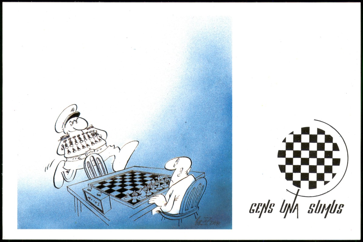 zoom: Image side vintage Postcard from 1990: Karikatur von Jovan Prokopljević Motivkarte Thema Schach (Chess)::