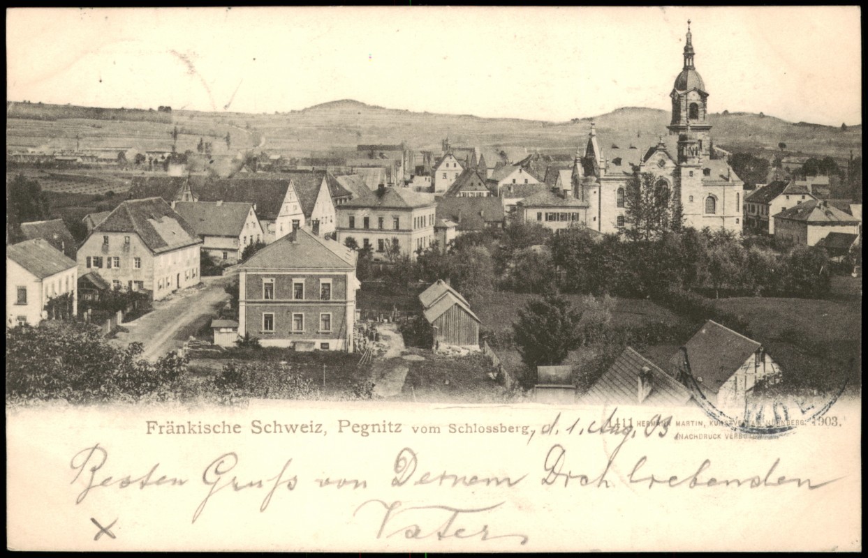 vergrößern: Bildseite historische Ansichtskarte von 1903: Panorama-Ansicht vom Schlossberg aus:: Pegnitz (Oberfranken)