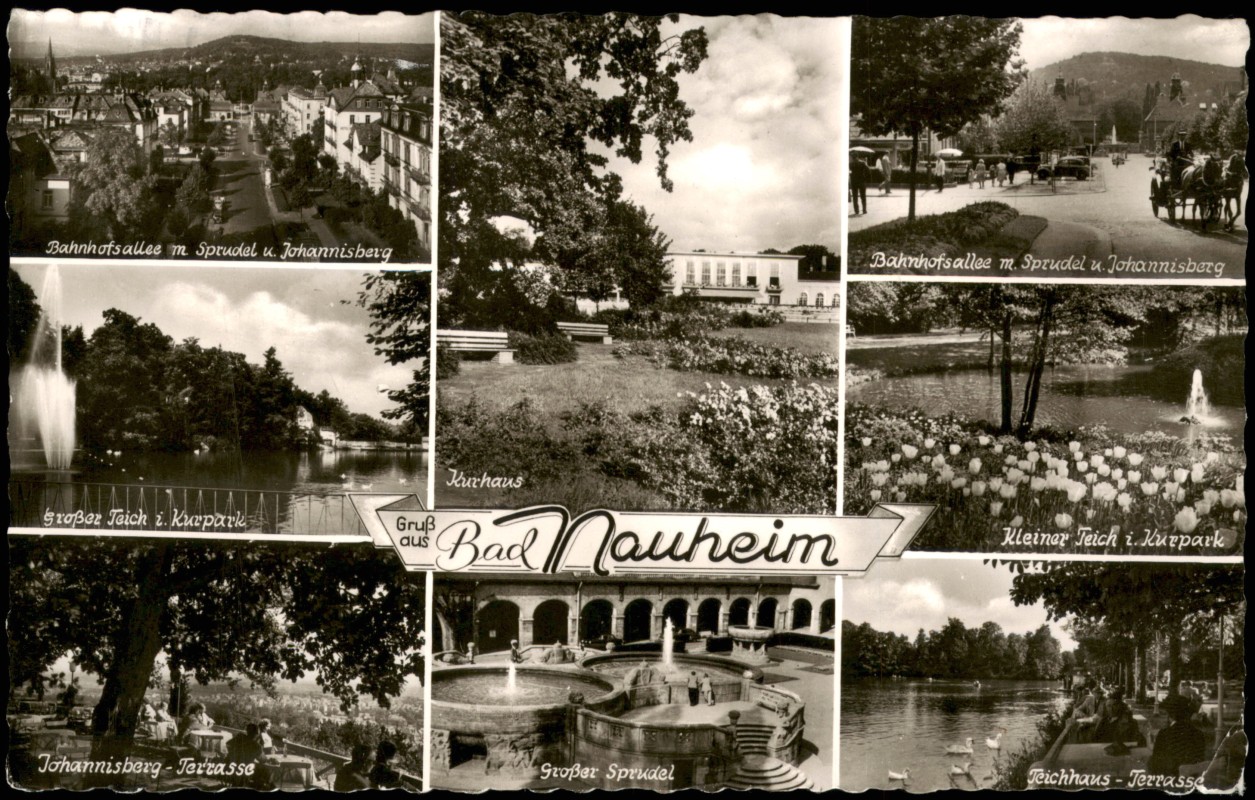 vergrößern: Bildseite historische Ansichtskarte von 1961: Mehrbildkarte mit 8 Ortsansichten:: Bad Nauheim
