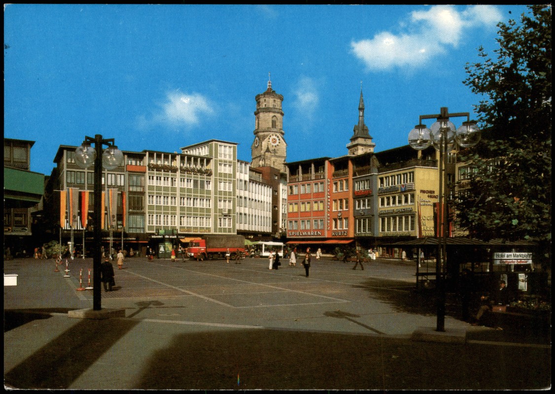 zoom: Image side vintage Postcard from 1987: Markt mit Stiftskirche:: Stuttgart