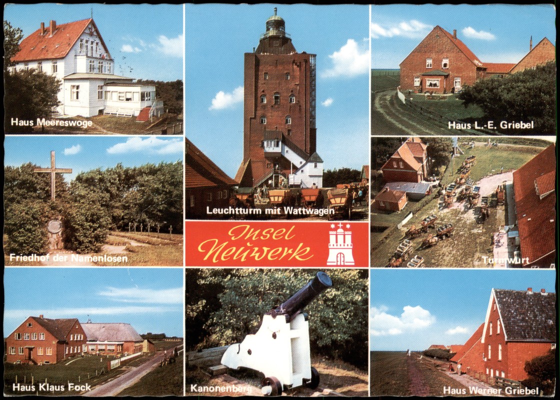 zoom: Image side vintage Postcard from 1979: Mehrbild-AK mit Leuchtturm, Friedhof der Namenlosen, div. Häuser:: Insel Neuwerk-Hamburg