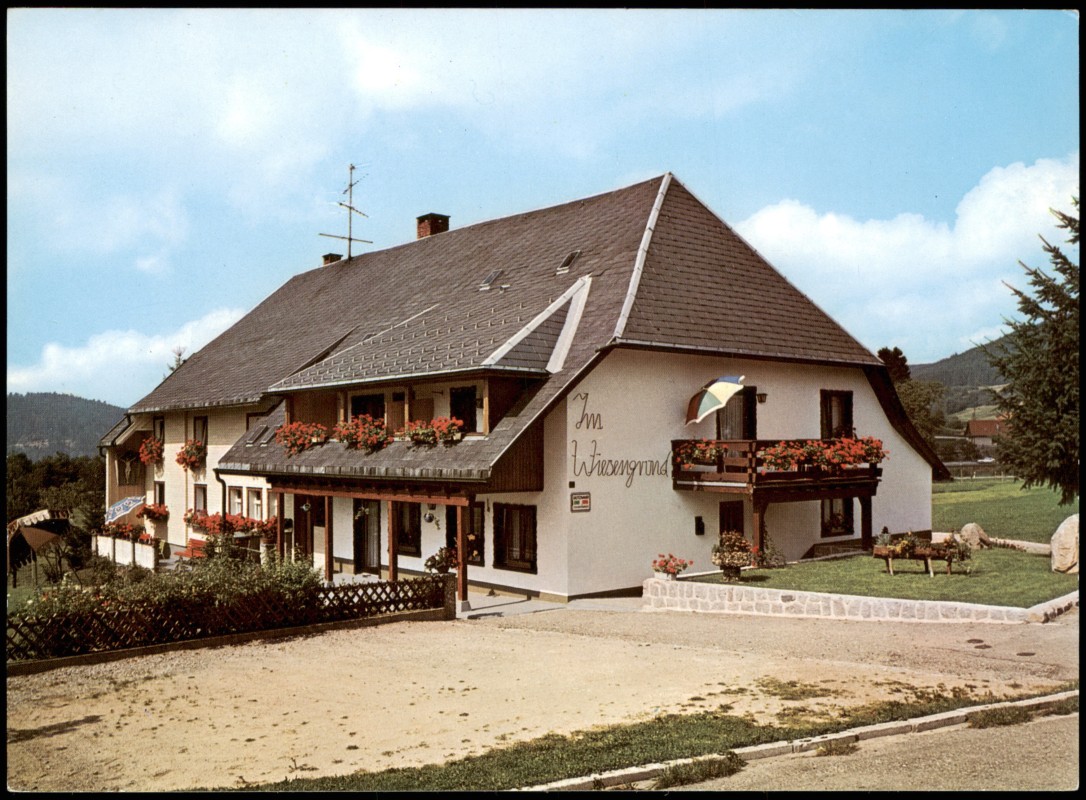 vergrößern: Bildseite historische Ansichtskarte von 1980: Fremdenheim Im Wiesengrund Bes. W. u. R. Schmidt:: Häusern