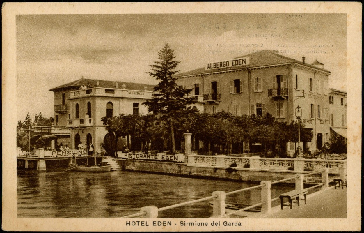 vergrößern: Bildseite historische Ansichtskarte von 1920: HOTEL RISTORANTE EDEN Prezzi Modici Gardasee:: Sirmione