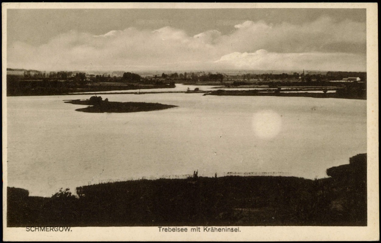 vergrößern: Bildseite historische Ansichtskarte von 1926: Trebelsee mit Kräheninsel:: Schmergow (Mittelmark)