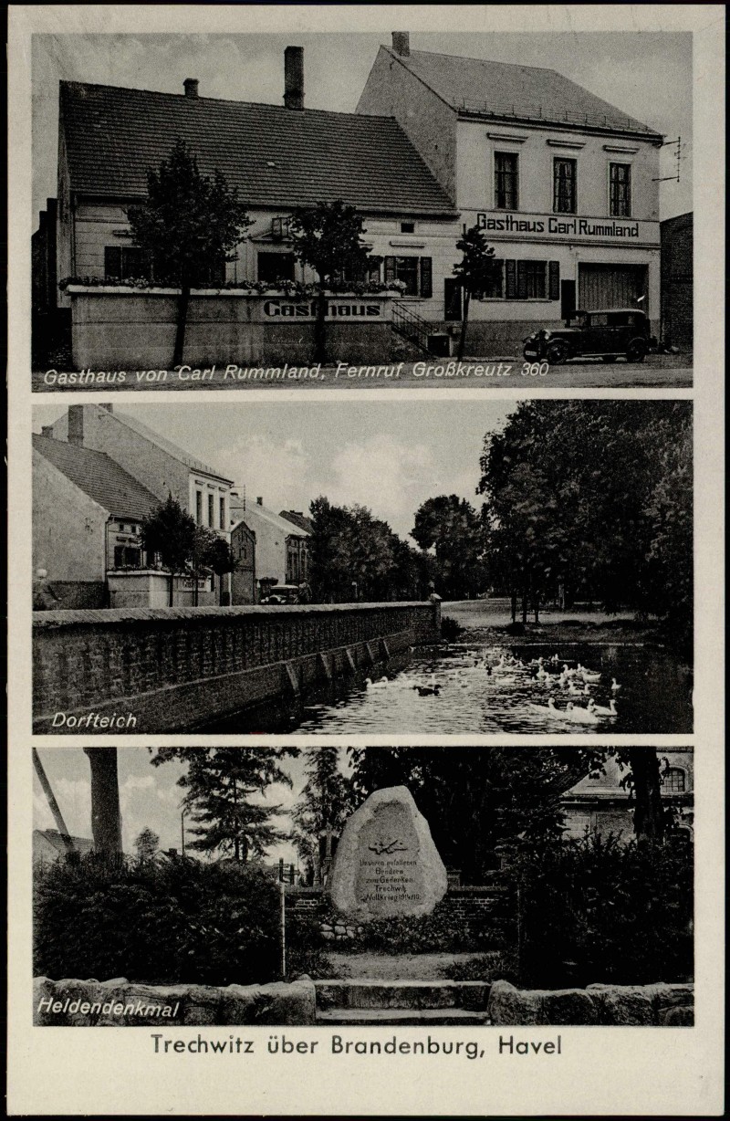 zoom: Image side vintage Postcard from 1932: Gasthaus Rummland - 3 Bild:: Trechwitz-Kloster Lehnin