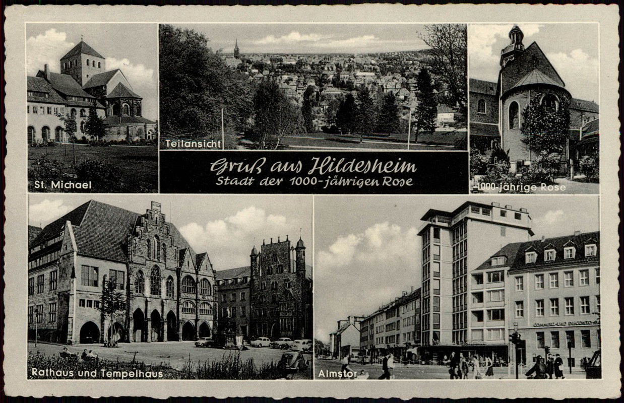 zoom: Image side vintage Postcard from 1957: St. Michael, Totale, Almstor:: Hildesheim