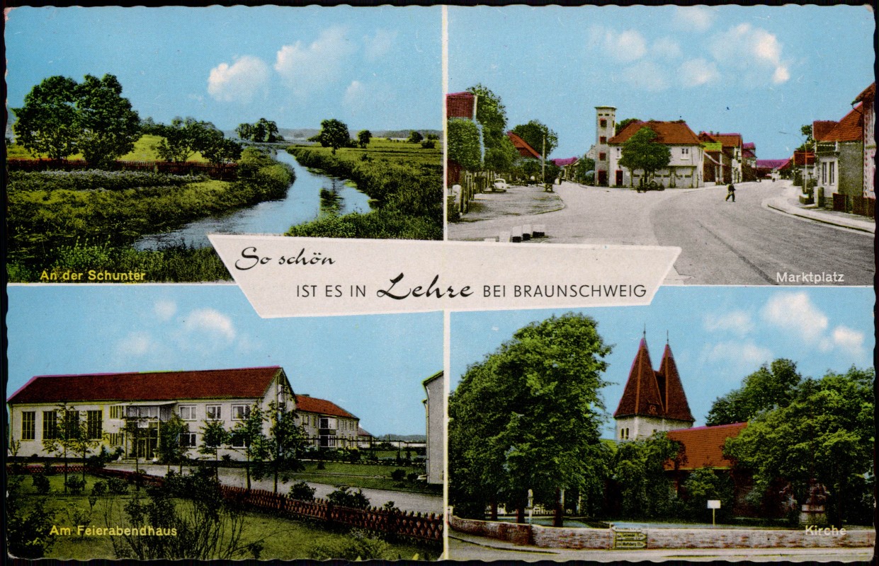 zoom: Image side vintage Postcard from 1967: Mehrbild-AK Marktplatz, Feierabendhaus, Kirche, Schunter:: Lehre