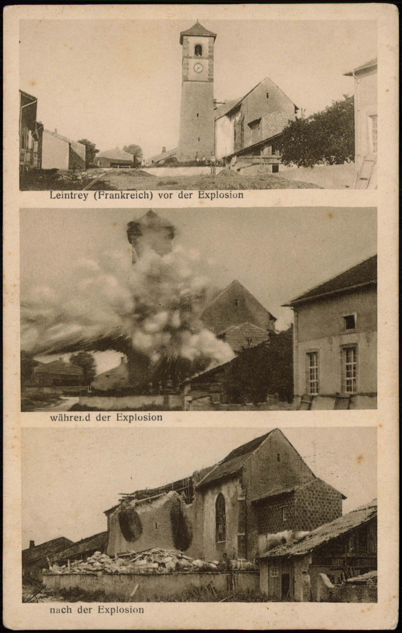 zoom: Image side vintage Postcard from 1915: Ortsansichten vor/nach der Explosion:: Leintrey