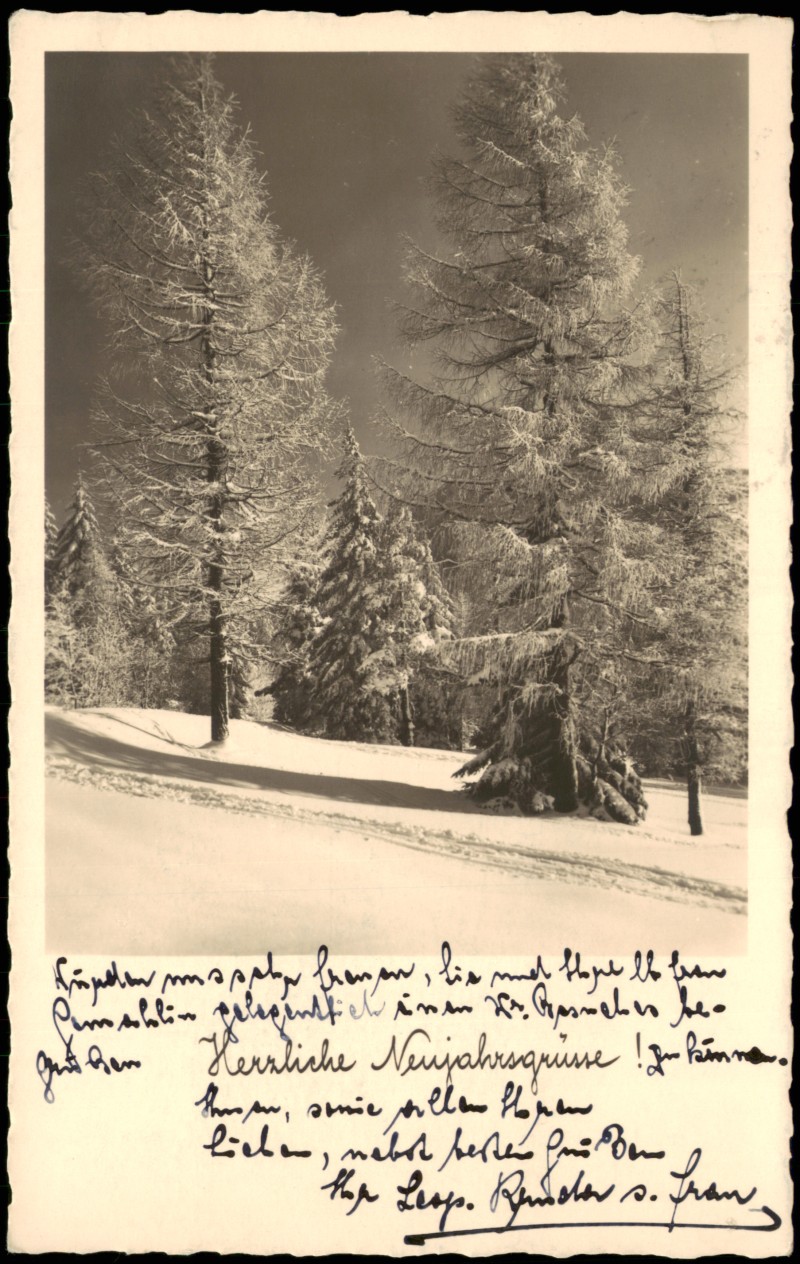 zoom: Image side vintage Postcard from 1932: Winter-Ansichtskarte Schnee/Eis Stimmungsbild Neujahrsgrüsse::