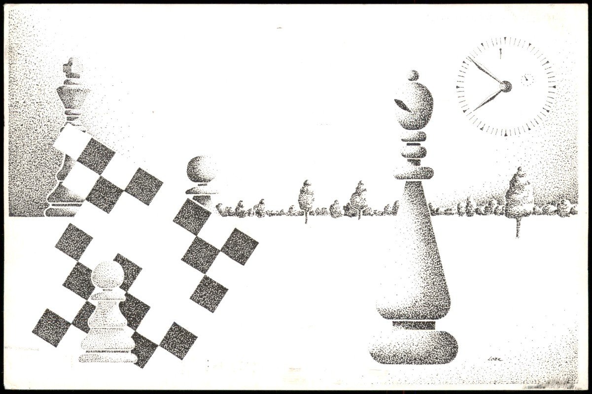 vergrößern: Bildseite historische Ansichtskarte von 1997: Schach-Spiel Chess-Game VARIATIES OP HET THEMA SCHAKEN::