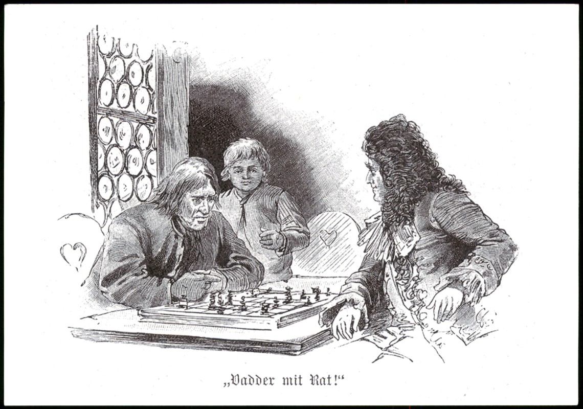 zoom: Image side vintage Postcard from 2010: Schach Chess - Spiel, Historienspiel Vadder mit Rat Fernschach::