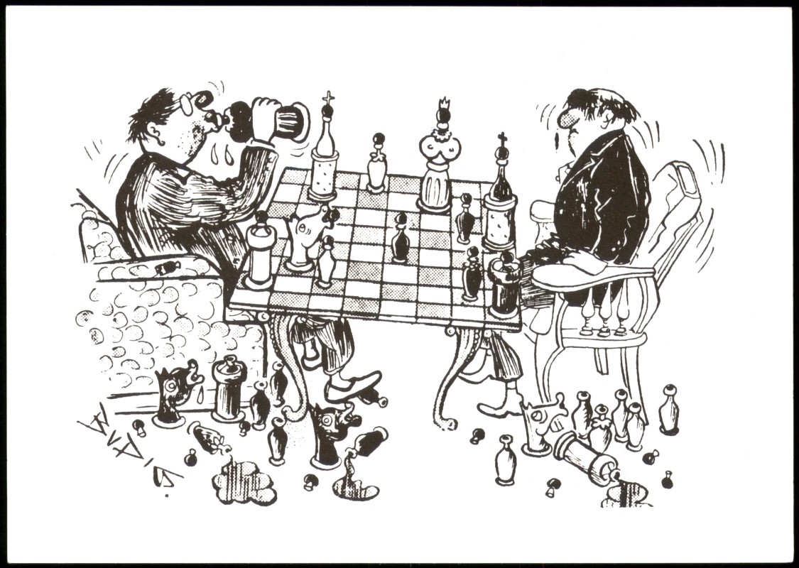 zoom: Image side vintage Postcard from 1990: Schach (Chess) Motivkarte Illustration mit "besoffenen" Spielern::
