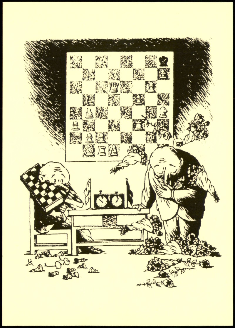 zoom: Image side vintage Postcard from 1990: Schach-Spiel Chess-Game Motivkarte Schach-Chaos::