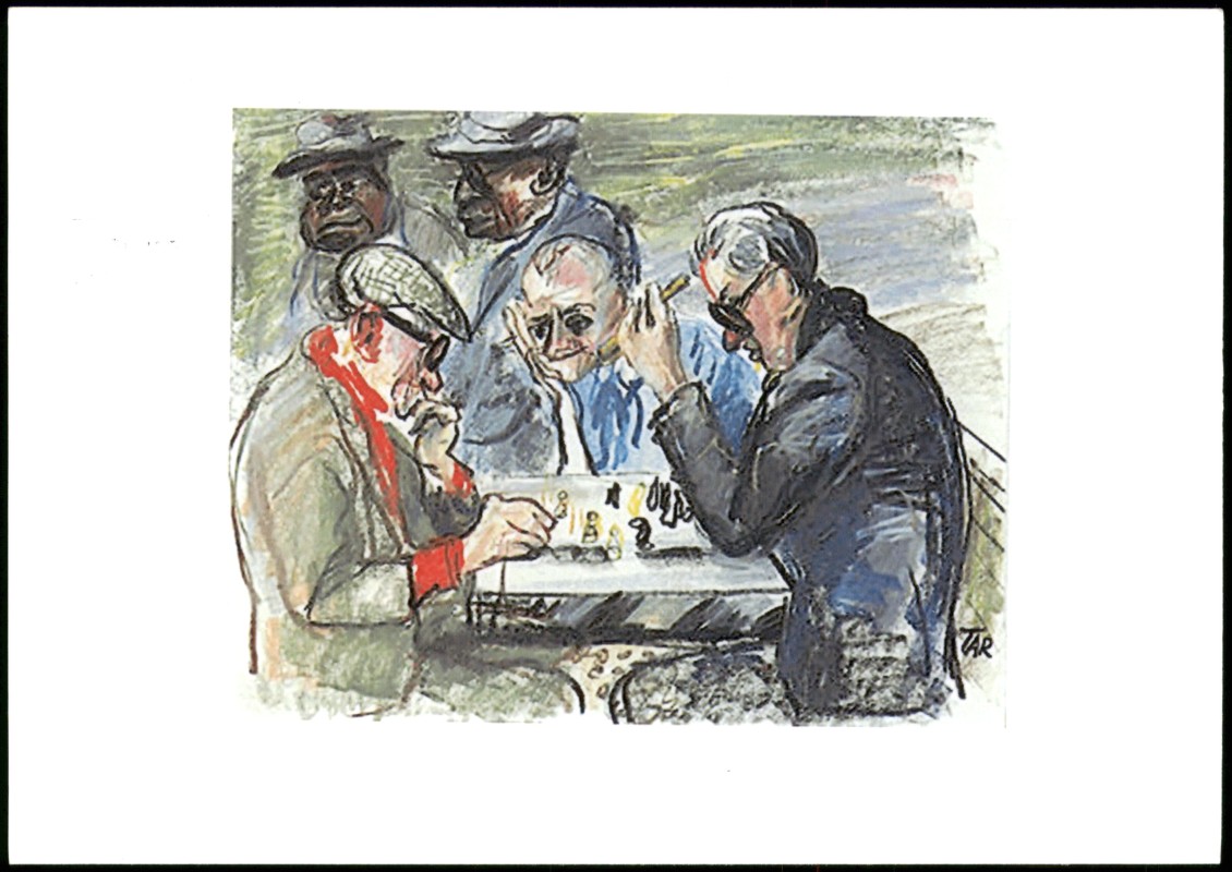 vergrößern: Bildseite historische Ansichtskarte von 2007: Schach Chess - Spiel  Männer beim Spiel Gemäldekarte::