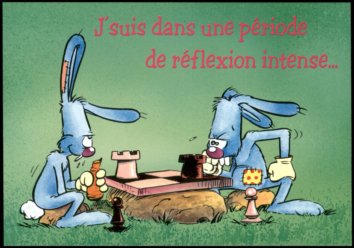 zoom: Image side vintage Postcard from 1995: Schach Chess - Spiel Illustration Humor: Hasen am Schachbrett::