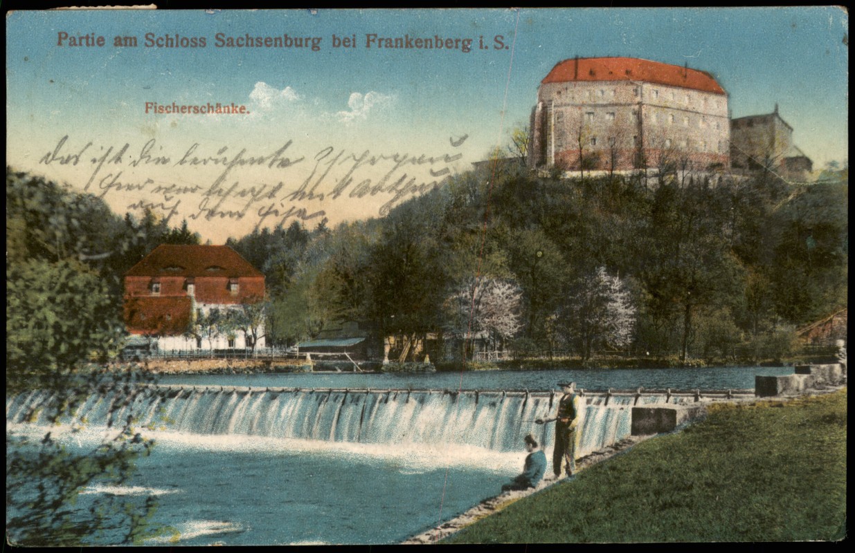 vergrößern: Bildseite historische Ansichtskarte von 1916: Schloß Sachsenburg und Fischerhütte:: Frankenberg (Sachsen)