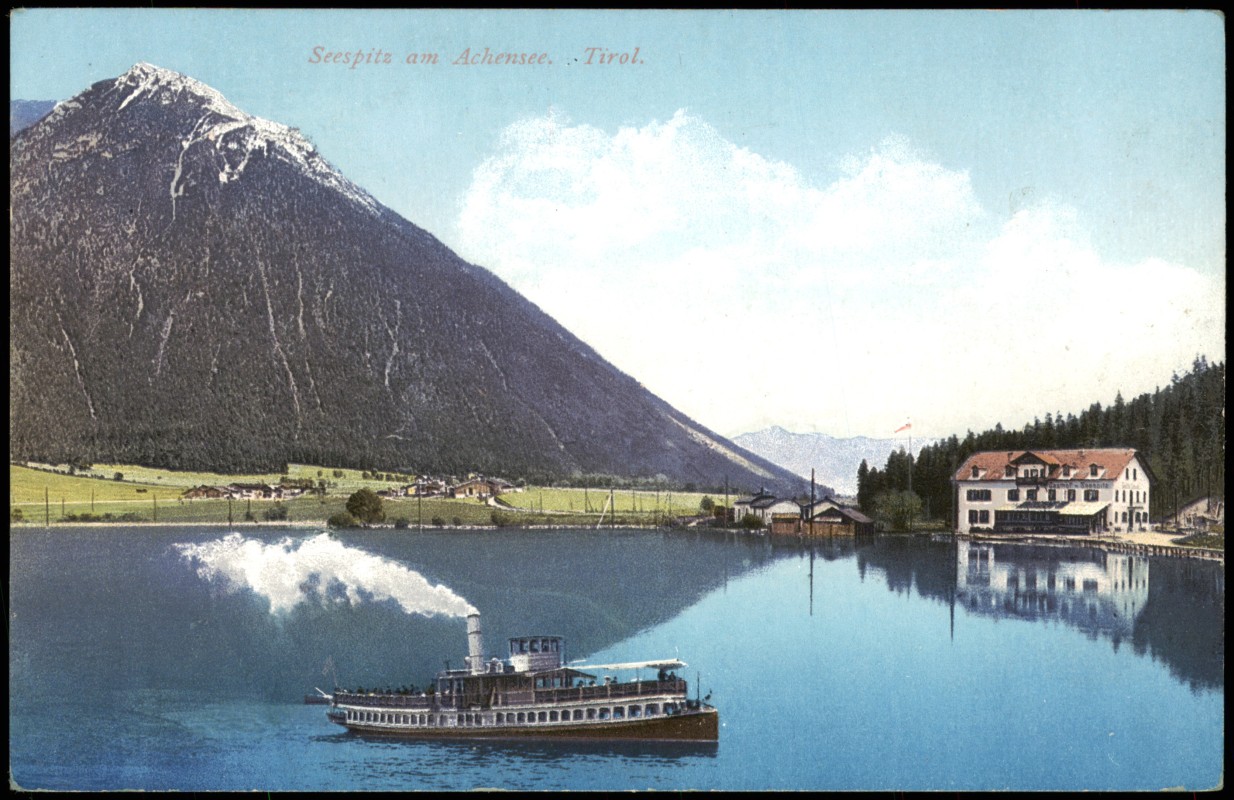 zoom: Image side vintage Postcard from 1910: Seespitz am Achensee in Tirol, Fahrgastschiff:: Achensee