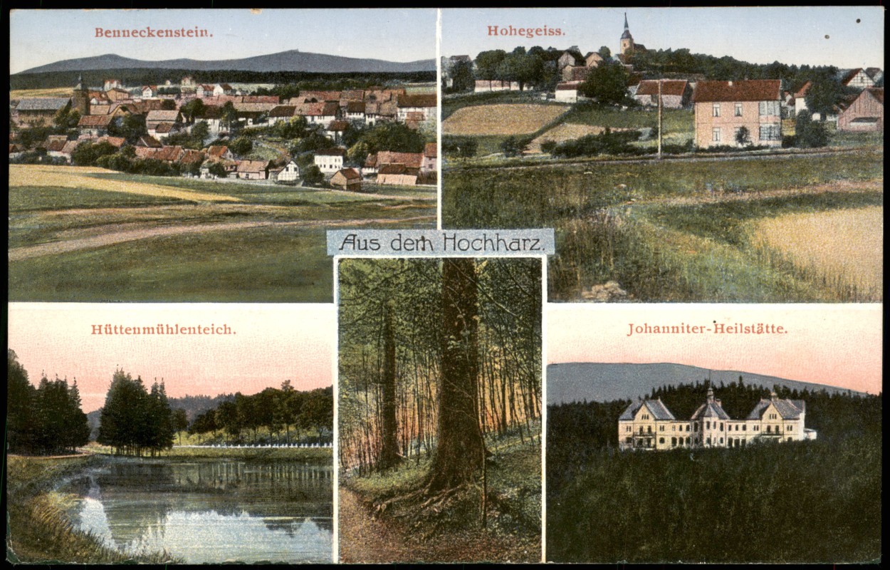 zoom: Image side vintage Postcard from 1926: Mehrbild-AK Hochharz u.a. Benneckenstein Hüttenmühlenteich uvm.::