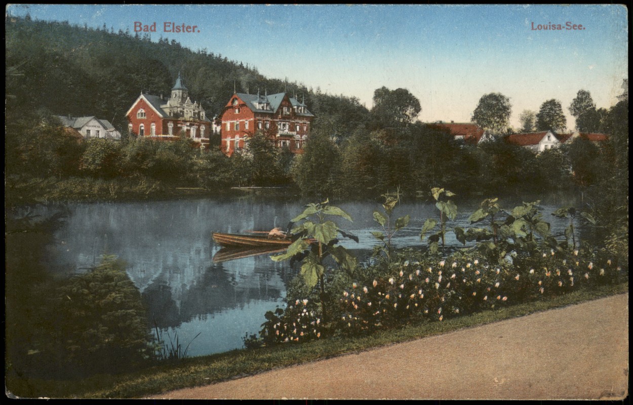 zoom: Image side vintage Postcard from 1912: Panorama-Ansicht Partie am Louisa-See:: Bad Elster