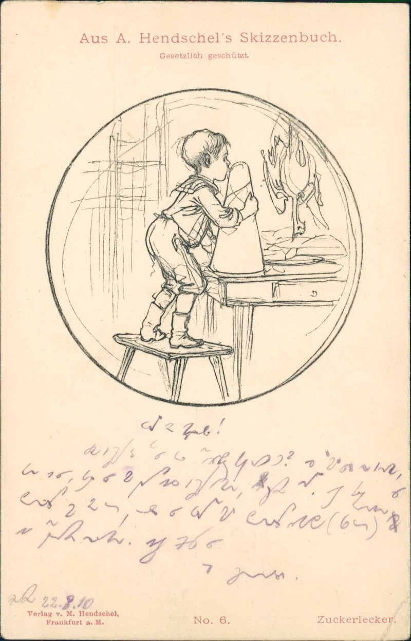 zoom: Image side vintage Postcard from 1910: Künstlerkarte "Zuckerlecker" aus A. Hendschel