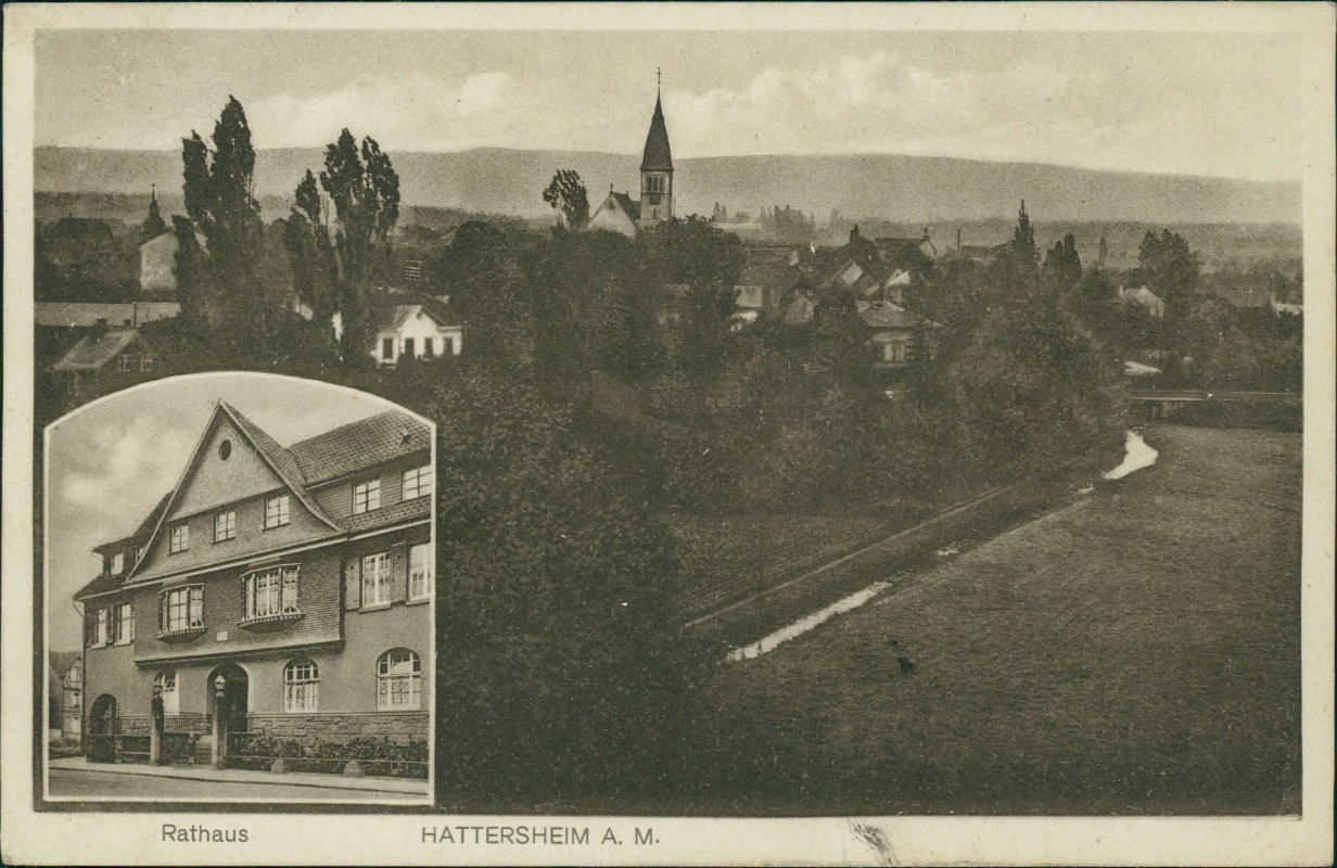 vergrößern: Bildseite historische Ansichtskarte von 1928: 2 Bild: Stadtpartie und Rathaus:: Hattersheim am Main