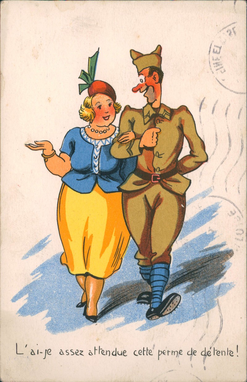 vergrößern: Bildseite historische Ansichtskarte von 1953: Humor-Karte (aus Frankreich) Soldat in Uniform führt Dame aus::