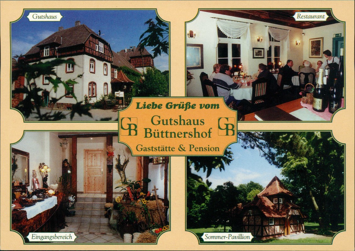 vergrößern: Bildseite historische Ansichtskarte von 1990: Gutshaus Büttnershof Inh. Bernd Prüfert Dorfstraße, Mehrbild-AK:: Sandauerholz